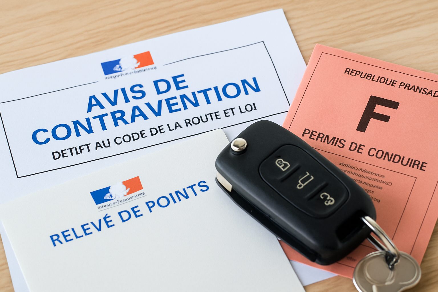 Image d'un document officiel avec un texte sur les amendes, entouré d'une calculatrice et d'un stylo.
