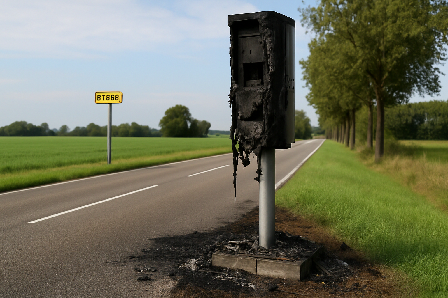 Radar tourelle incendié sur la D1063, entre Haguenau et Soufflenheim. Trafic perturbé, enquête en cours par la gendarmerie.