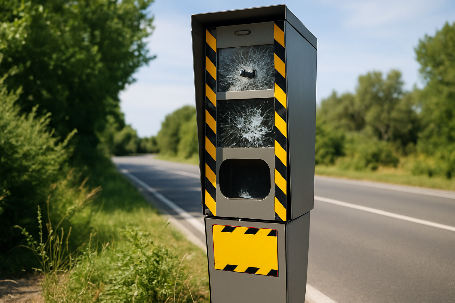 Radar fixe vandalisé sur une route des Bouches-du-Rhône, affichant des dégâts visibles et une signalisation de sécurité.