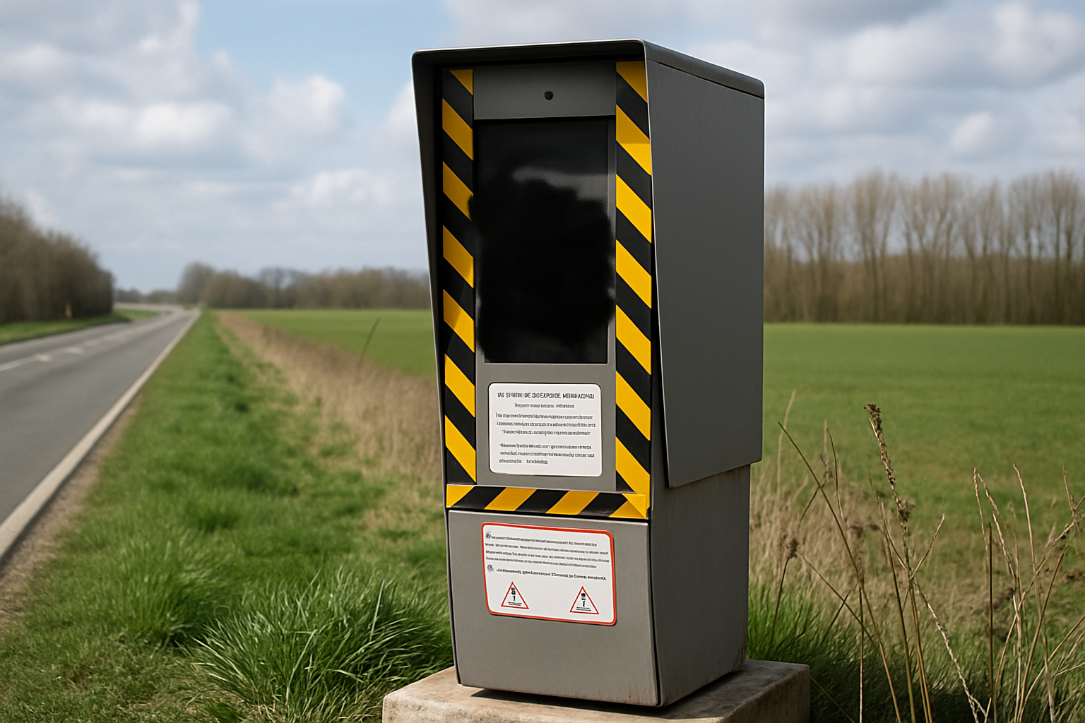 Radar autonome vandalisé sur remorque, situé sur la D1032 entre Condren et Tergnier, près d'une zone à 80 km/h.