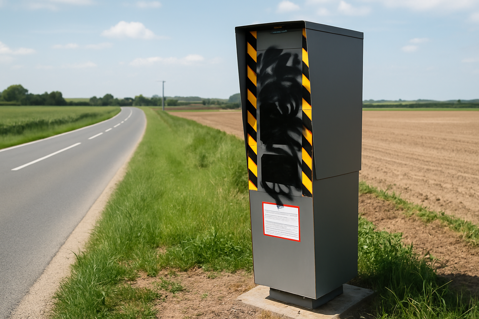 Radar autonome sur remorque, cabine blanche sur la D1032, vandalisé, entouré de verdure, zone limitée à 80 km/h.
