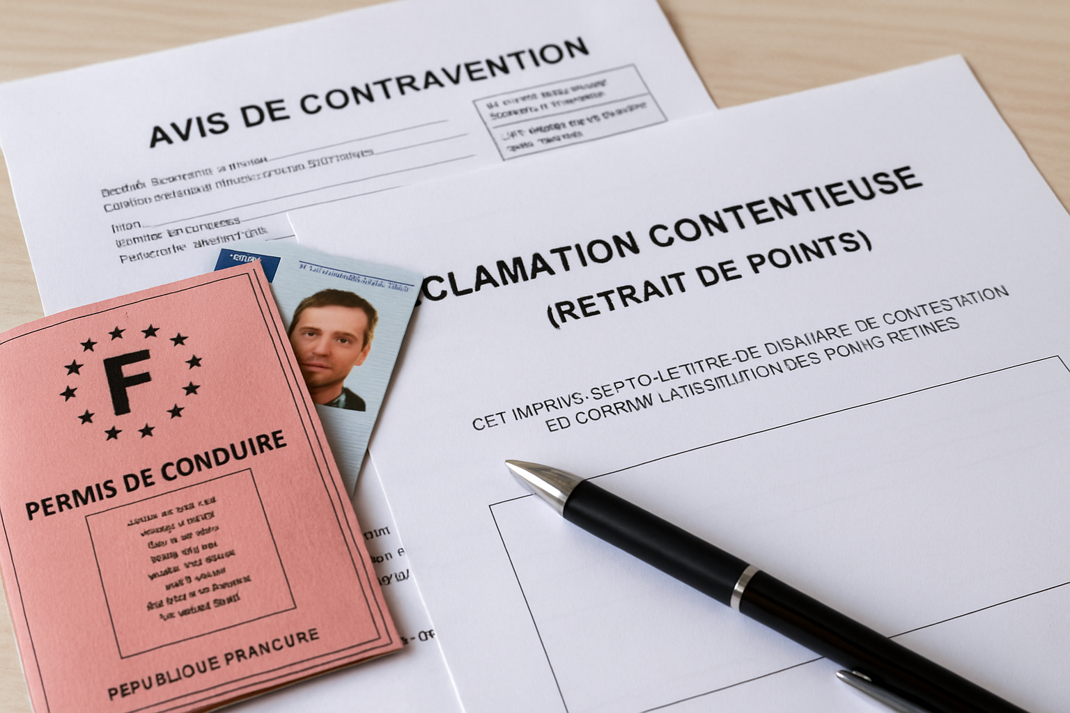 Conducteur inquiet regardant son permis de conduire, entouré de documents et d'un ordinateur, symbolisant des recours possibl