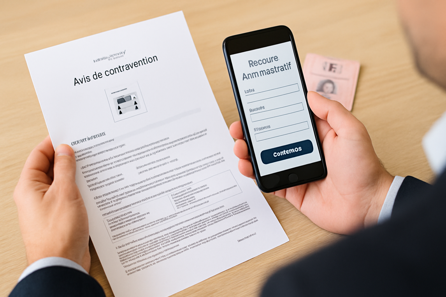 Conducteur connecté vérifiant son amende sur un smartphone, entouré d'icônes de GPS, appels et documents numériques.