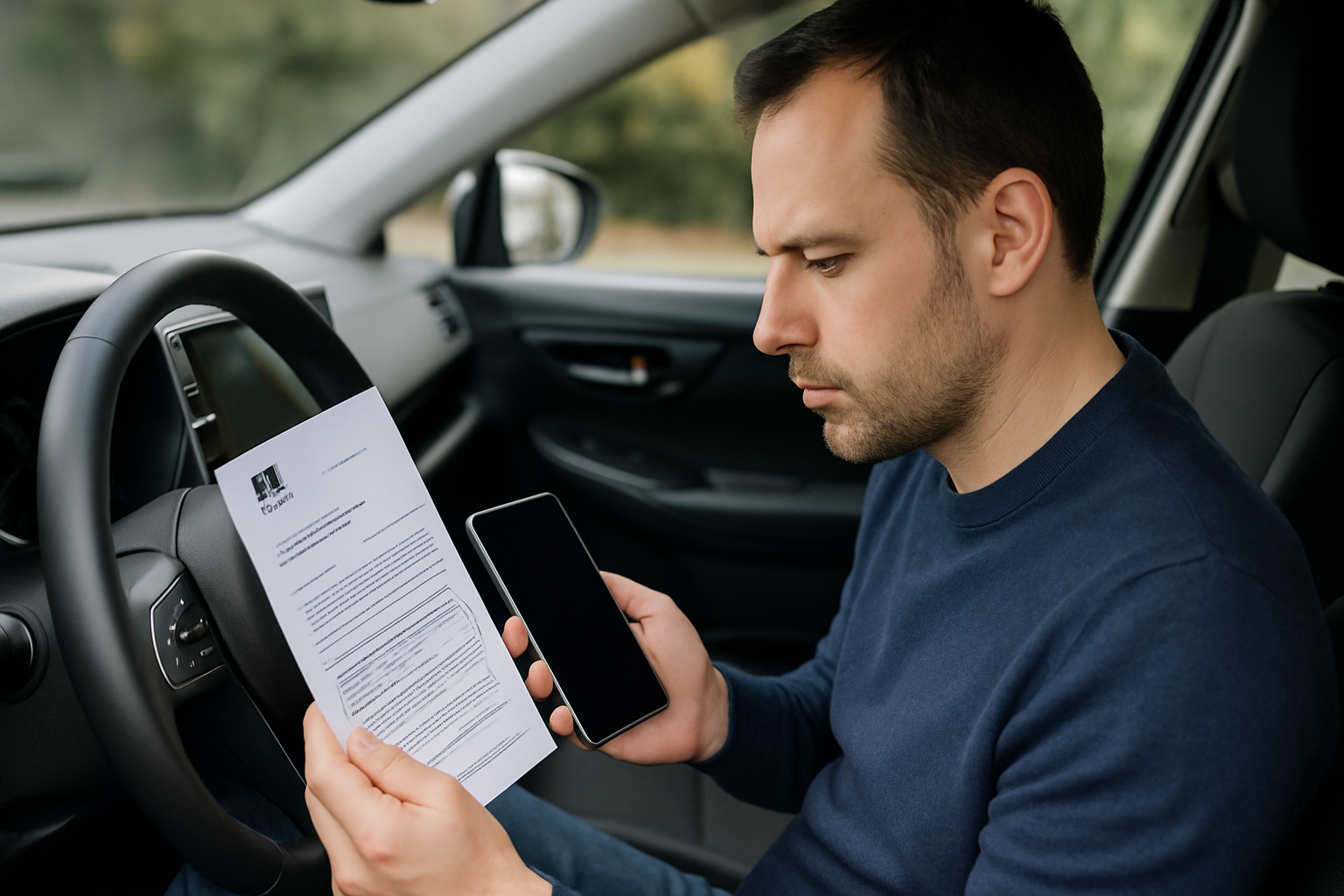 Conducteur utilisant son smartphone pour vérifier des informations sur une amende, entouré d'icônes de GPS et d'appels.
