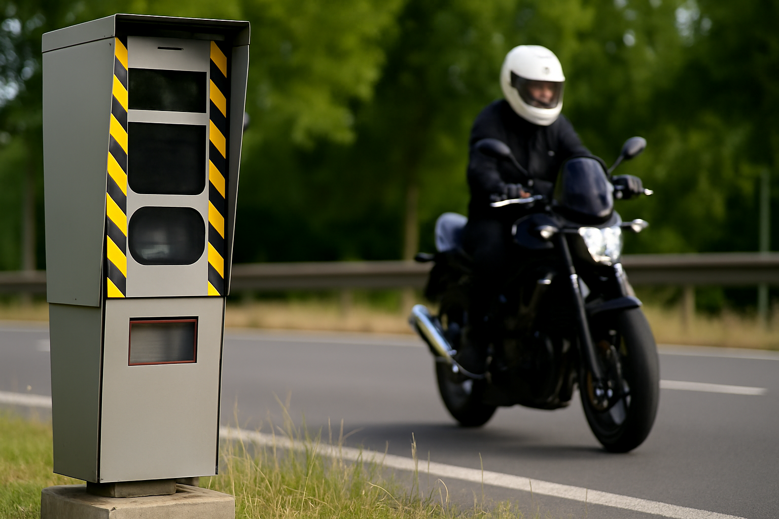 Conducteur de moto contrôlant son environnement sur la route, avec des panneaux de signalisation et un radar en arrière-plan.