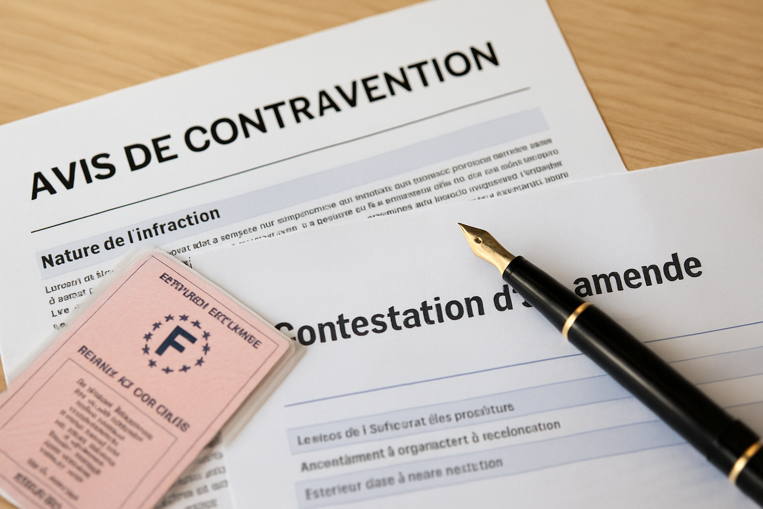 Image d'un panneau de signalisation routière à Nancy, avec une contravention en premier plan et des documents de contestation
