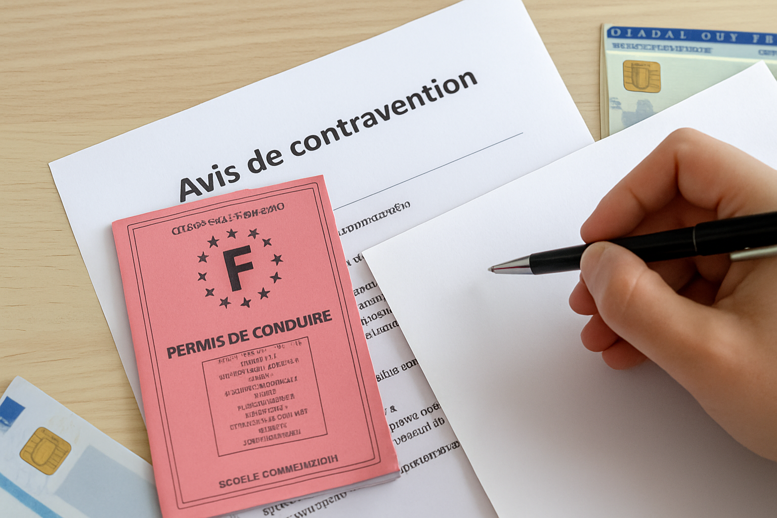 Un conducteur examine un PV dans sa voiture, l'air préoccupé, avec un crayon et un carnet pour noter ses idées de contestatio