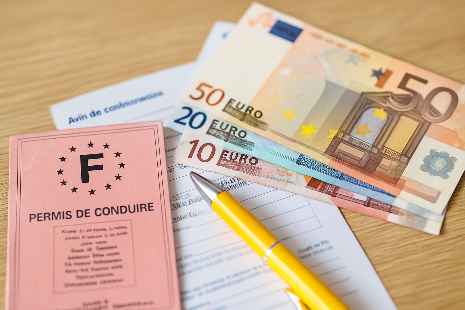 Une personne examine une amende sur un bureau, l'air pensif, entourée de documents juridiques et d'un ordinateur portable.
