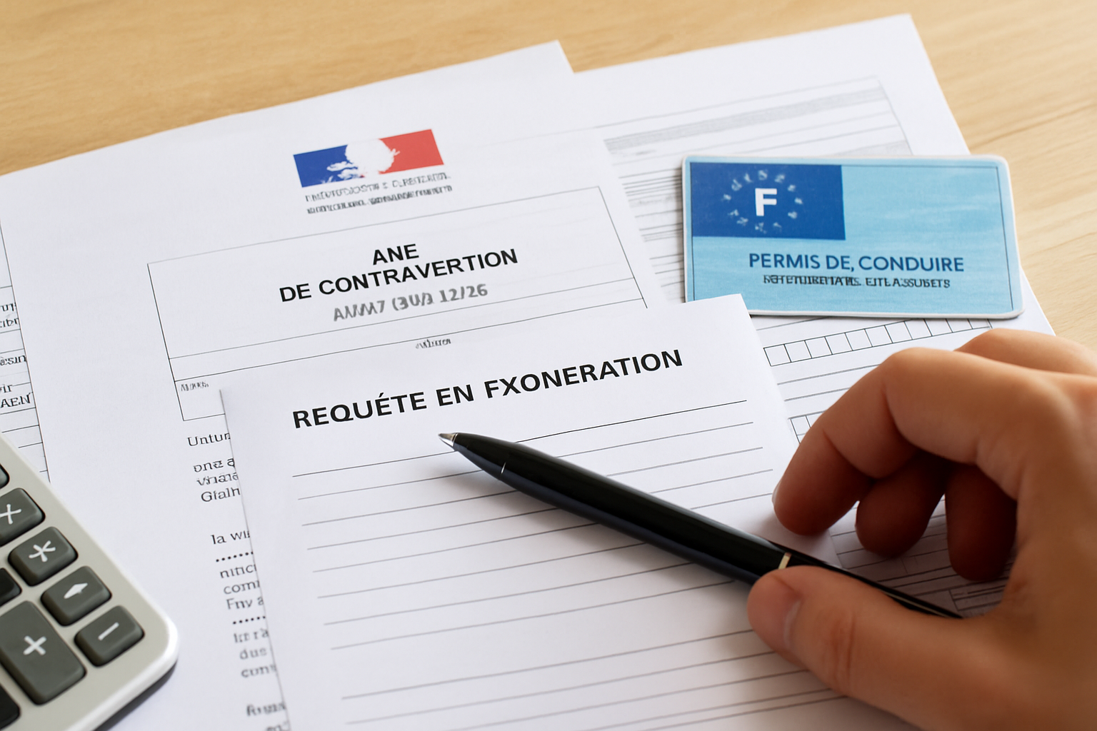 Une personne examine une amende, l'air perplexe, entourée de documents juridiques et d'un ordinateur portable ouvert.