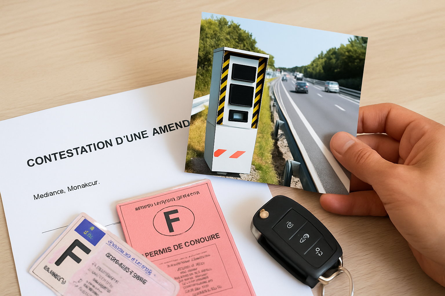 Un conducteur examine une contravention près d'un radar, symbolisant la contestation d'une amende et le droit à la photo.