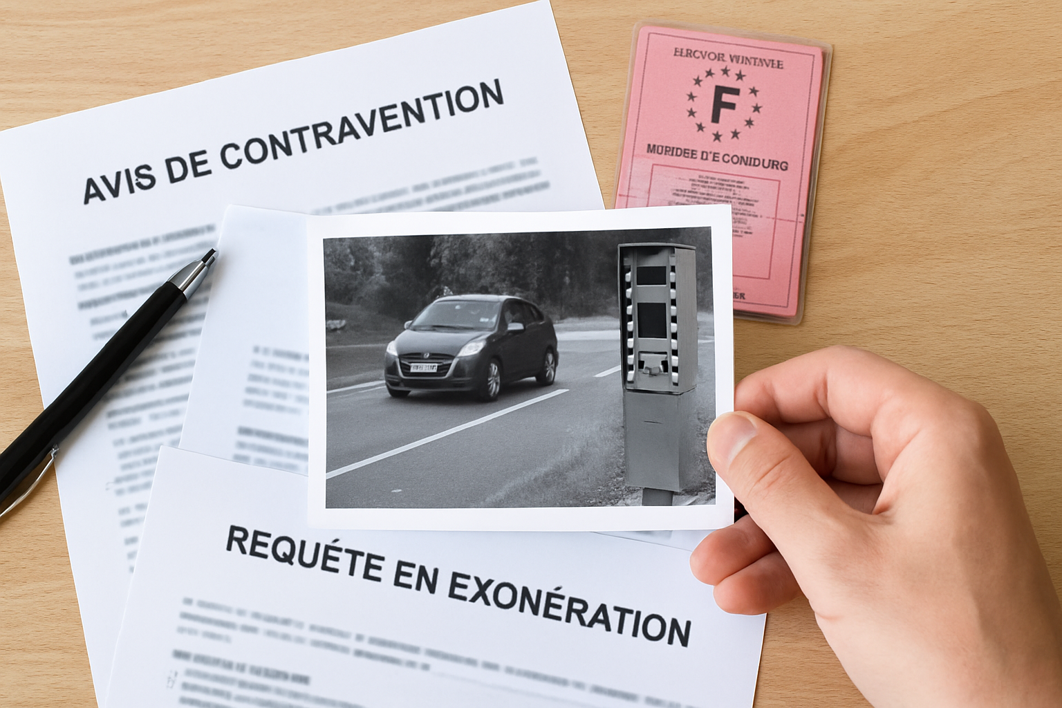 Un conducteur examine un avis de contravention près d'un radar de vitesse, réfléchissant à sa contestation.