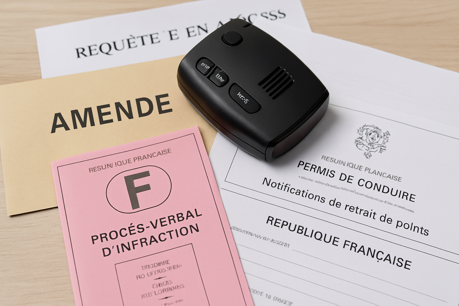 Image d'un radar routier avec un panneau d'interdiction et des symboles de sanctions, illustrant la législation en France.