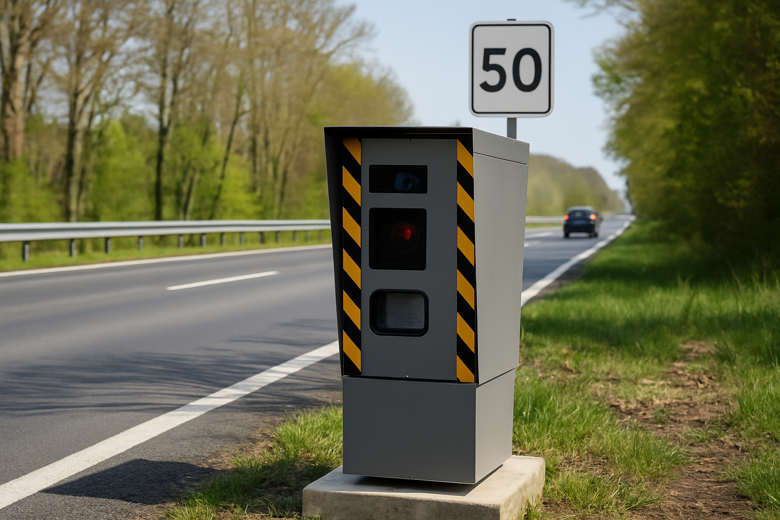 Radar autonome sur la D409 à Fontainebleau, limitant la vitesse à 50 km/h, avec sanctions en cas de dépassement.