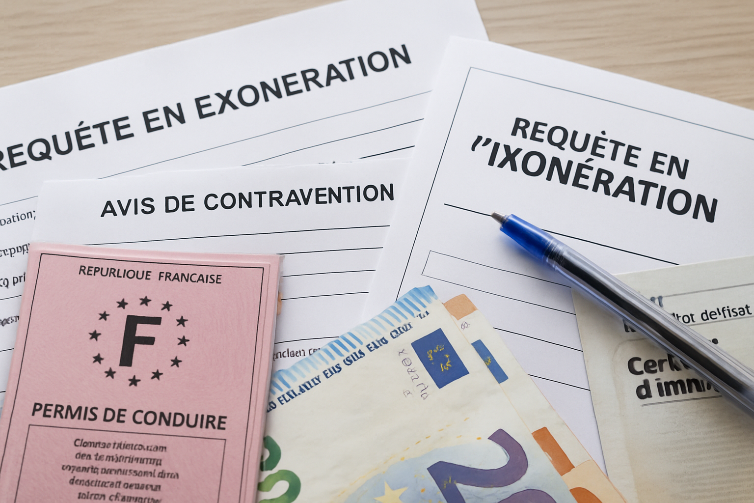 Image d'un document de contravention avec des notes et un stylo, symbolisant l'analyse des recours pour FPS non payé.