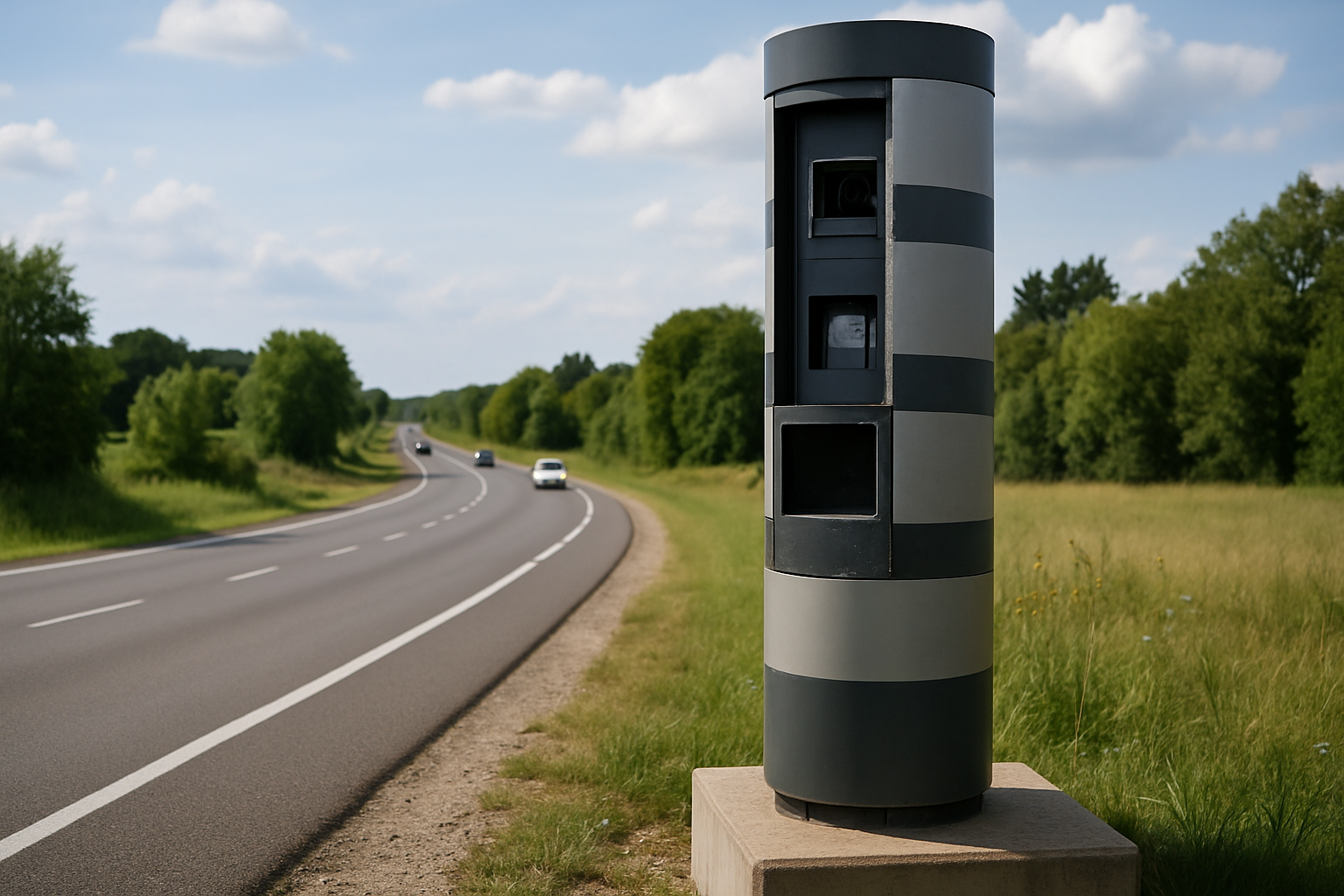 Radar tourelle dégradé sur la RN19 à Genevreuille, Haute-Saône, rappelant l'importance de respecter les limitations de vitess