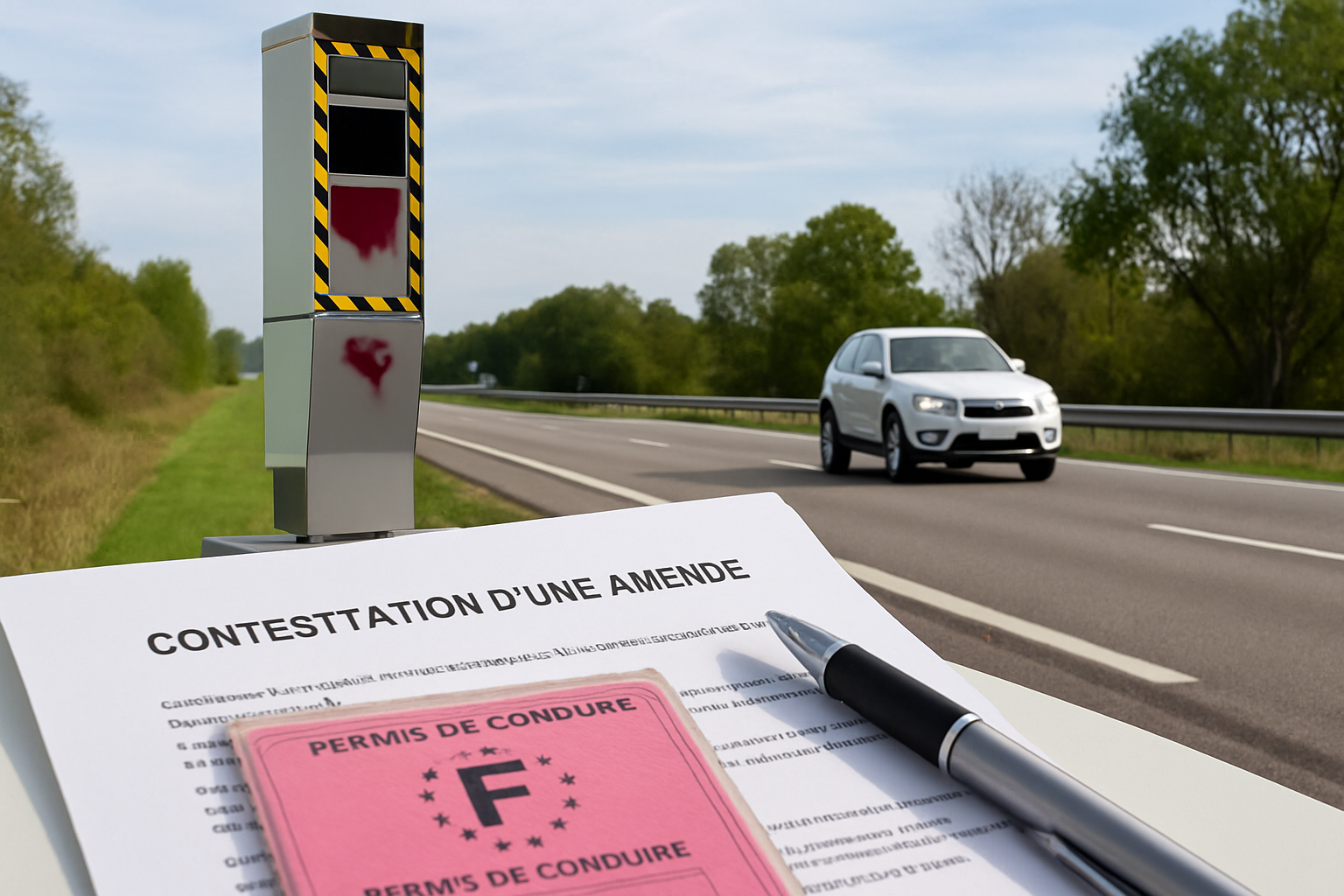Radar tourelle dégradé sur la RN19 à Genevreuille, Haute-Saône, avec panneaux de signalisation et route en arrière-plan.