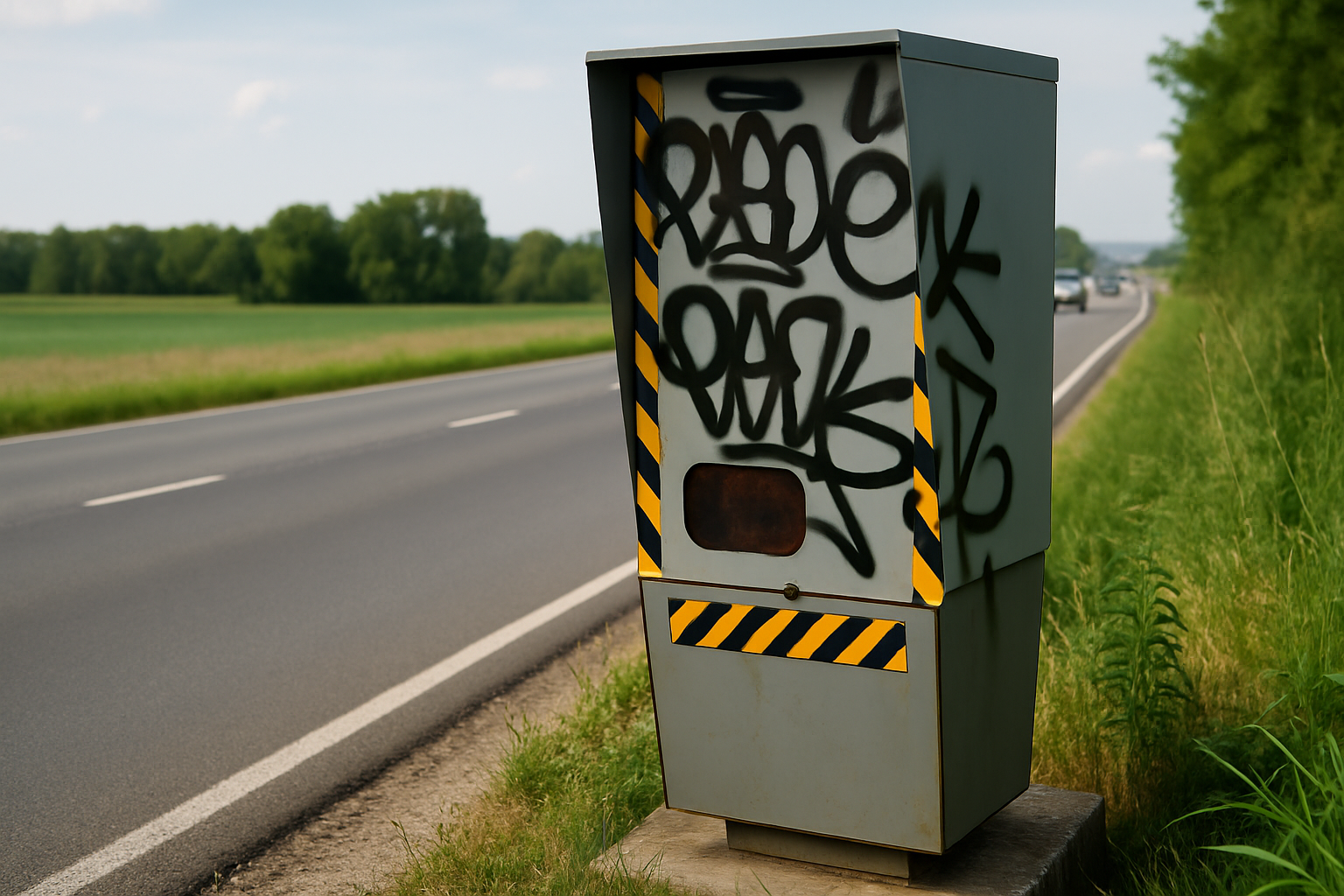 Radar récemment remis en service dans le Grand Est, recouvert de tags par des vandales, témoignant de la colère des automobil