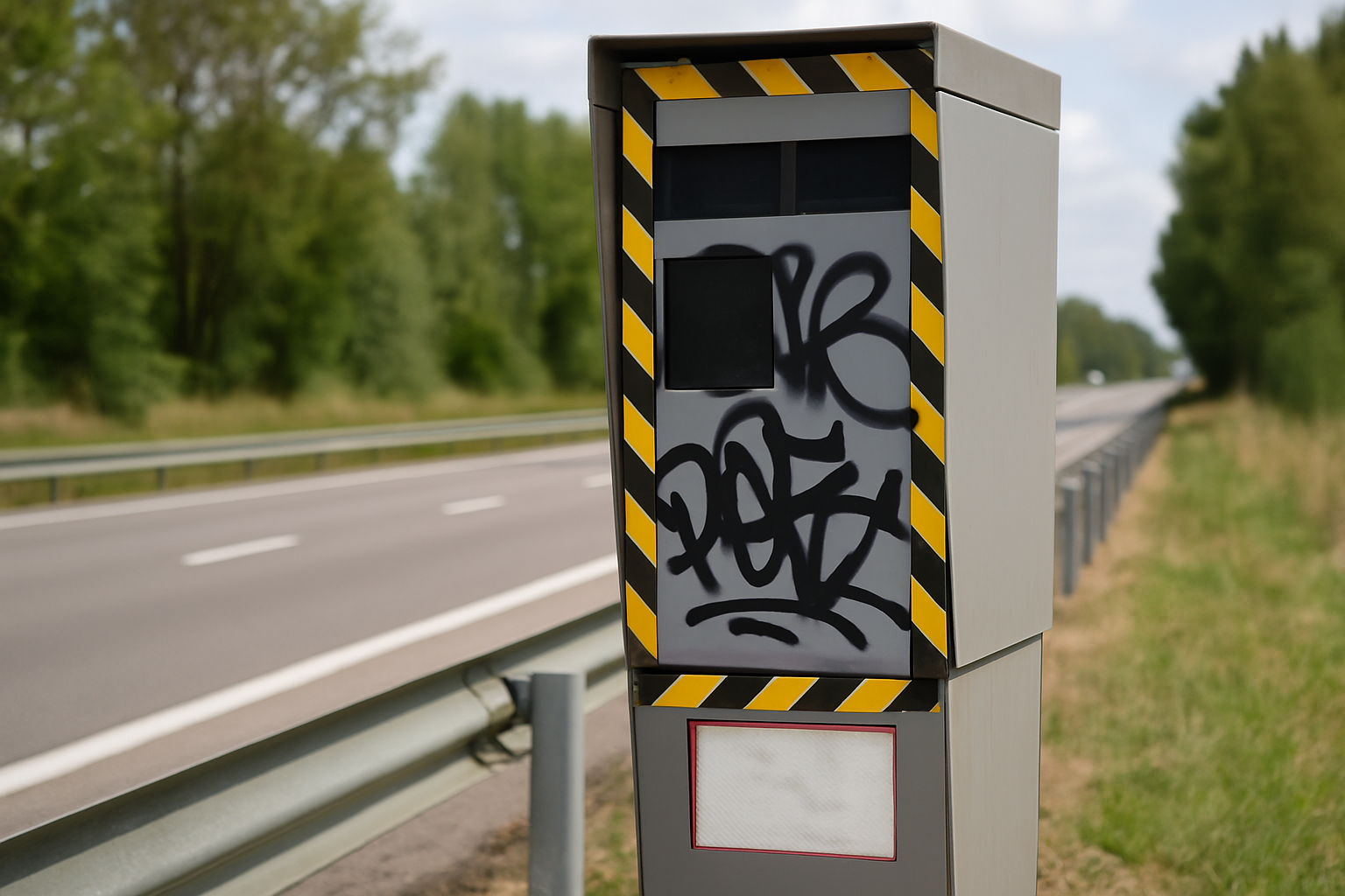 Radar de vitesse récemment remis en service, couvert de tags colorés, témoignant d'un acte de vandalisme dans le Grand Est.