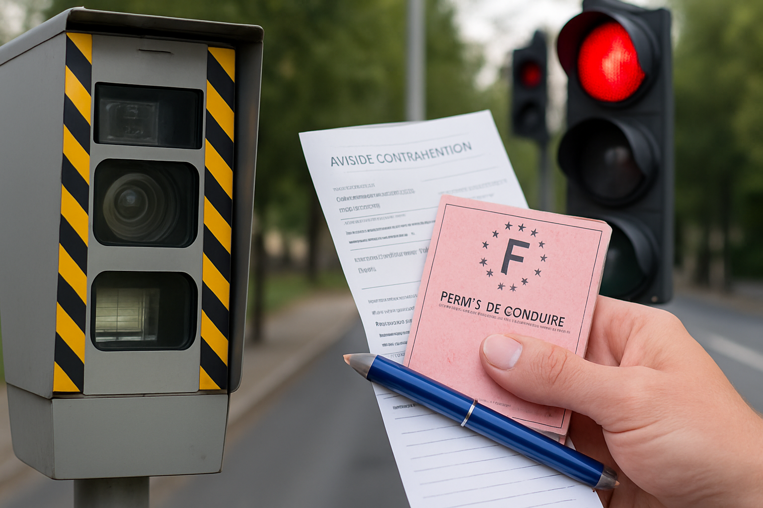 Radar de feu rouge sur une route urbaine d'Île-de-France, surveillant le trafic dense pour assurer la sécurité routière.