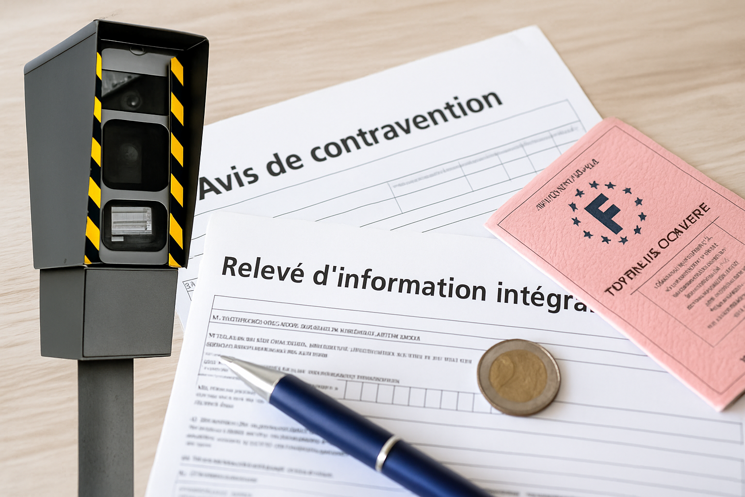 Radar automatique avec écran affichant des infractions routières, entouré de symboles d'IA et de données numériques.