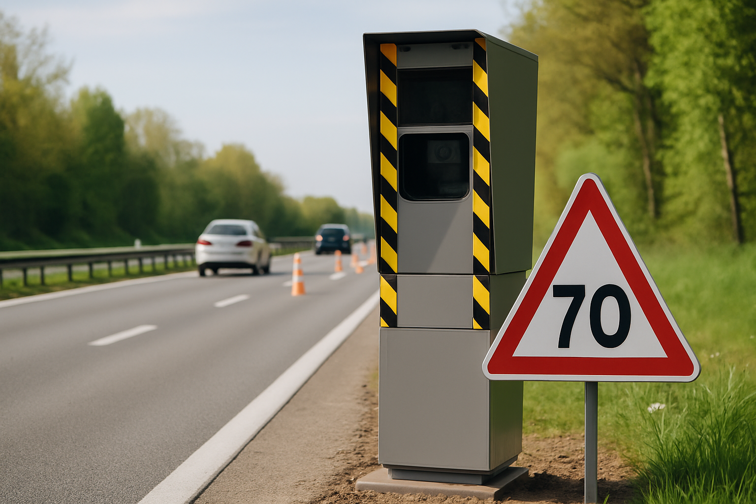 Radar de chantier sur l'A28 à Isneauville, signalant une vitesse limitée à 70 km/h pour protéger les travailleurs.