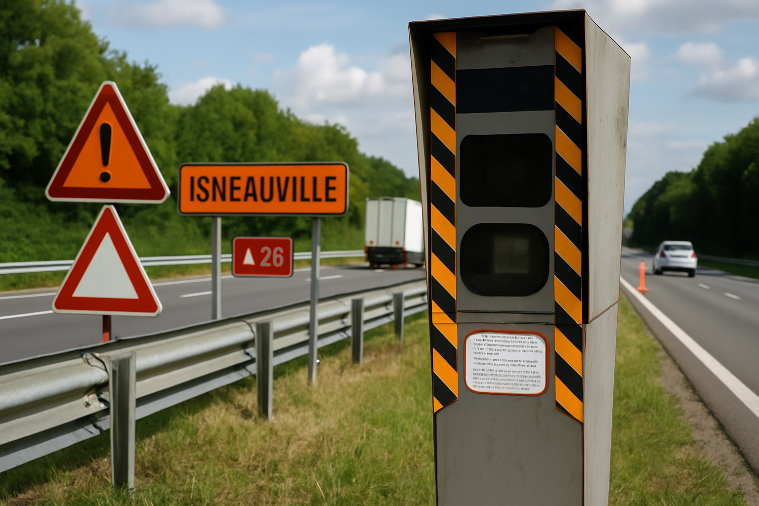 Radar de chantier sur l’A28 à Isneauville, signalant une limitation de vitesse à 70 km/h pour assurer la sécurité des travail