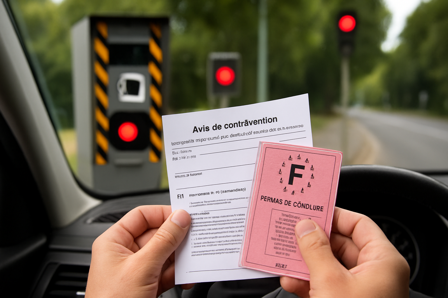 Image d'un radar de feu rouge sur une route des Landes, entouré de forêts verdoyantes et de panneaux de signalisation.