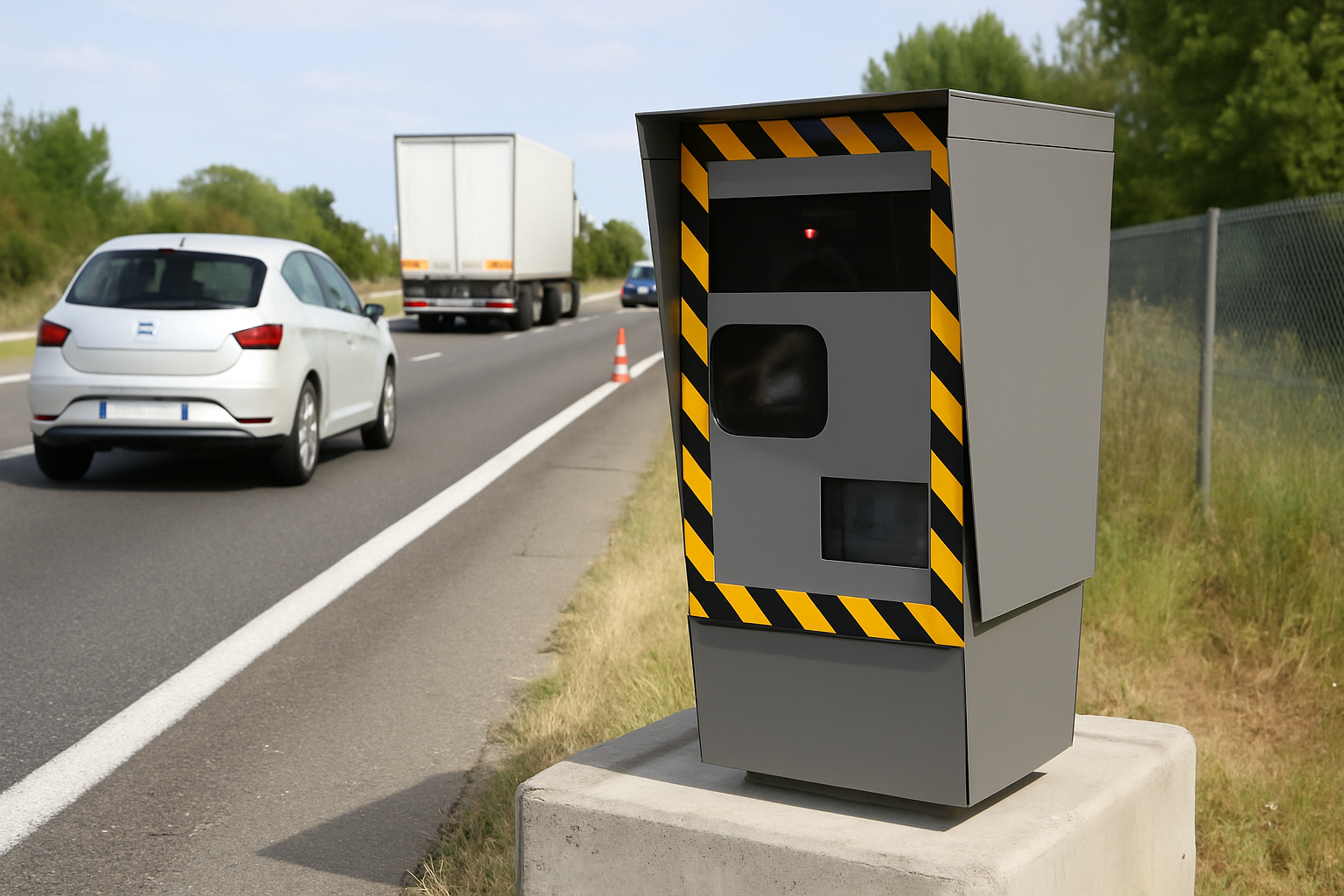 Radar de chantier installé sur la RN 7 à Lapalud, surveillant la vitesse en direction de Pierrelatte pour plus de sécurité.