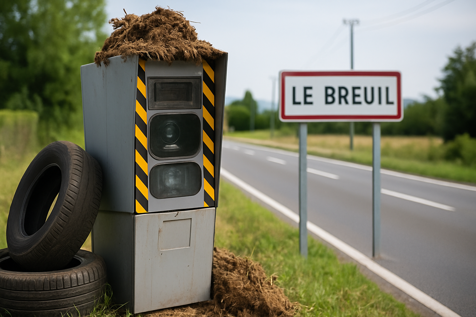 Cabine de radar vandalisée, recouverte de fumier et entourée de pneus, illustrant une colère agricole au Breuil.