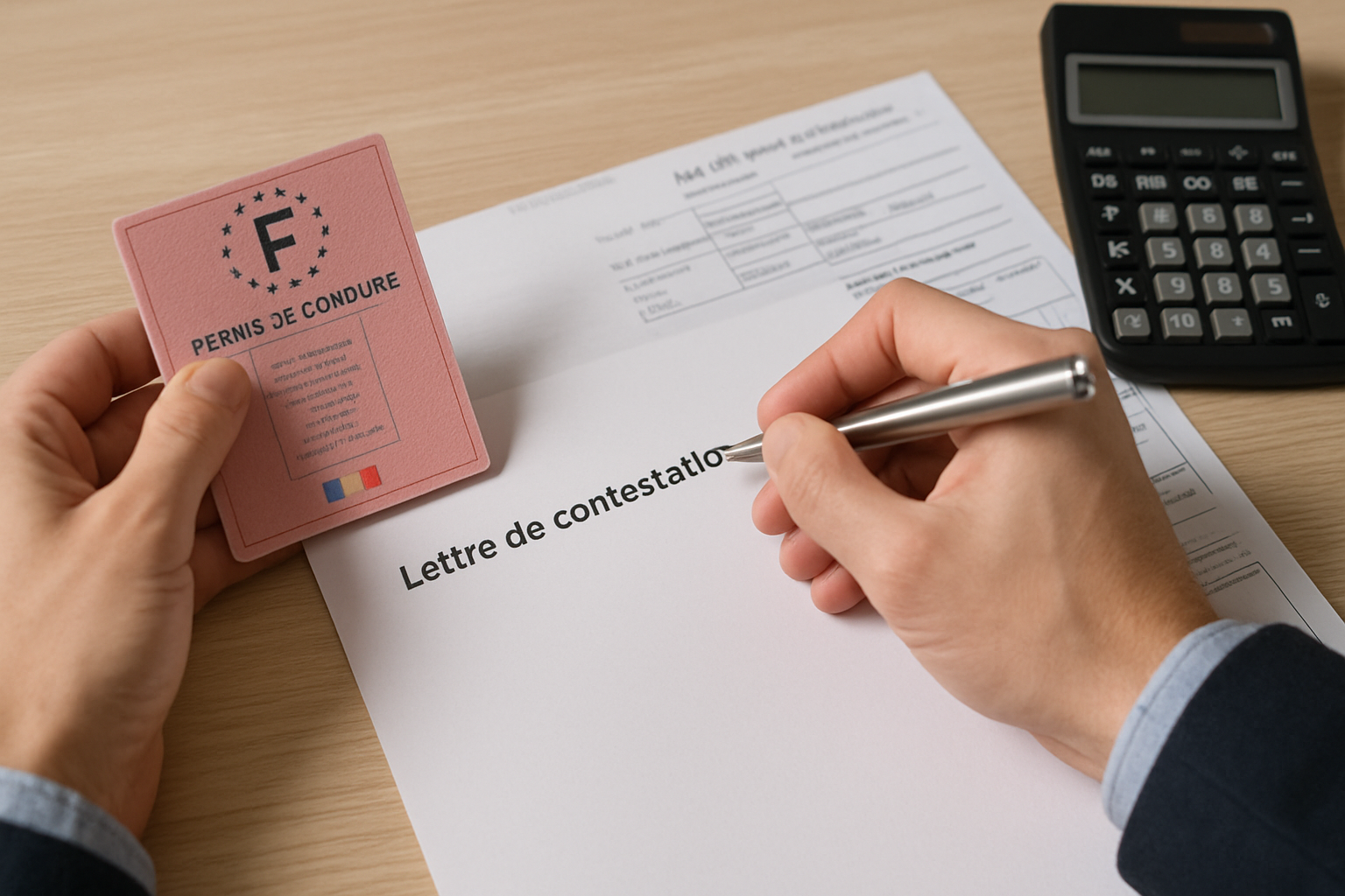 Image d'un document officiel avec en-tête "Lettre de contestation" et mentions légales sur les amendes et délais.