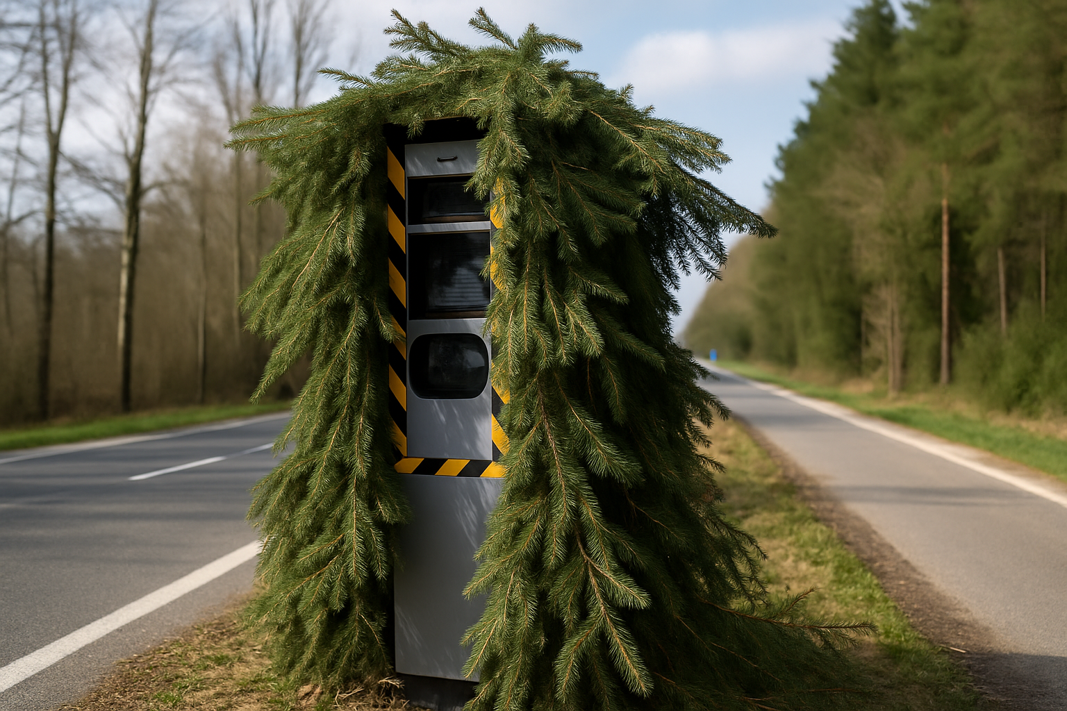 Radar de contrôle routier camouflé sous des branches de sapin, situé entre Orléans et Montargis. Situation préoccupante.