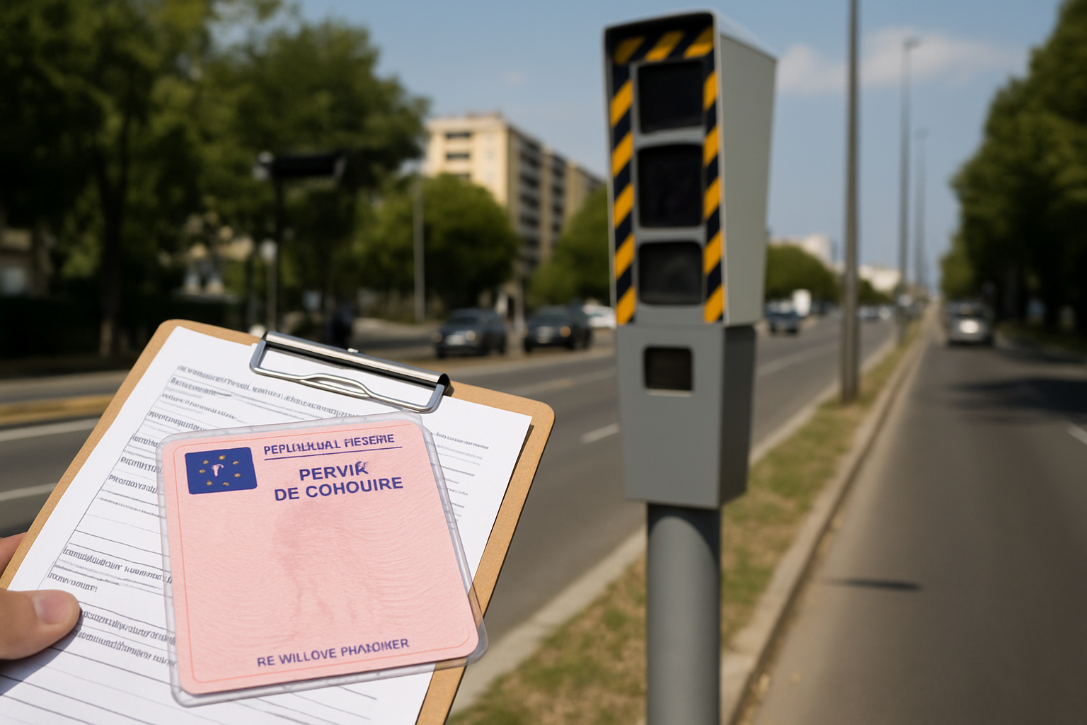 Radar urbain installé à Marseille sur un axe fréquenté, contrôle de vitesse avec signalisation avant et après l'appareil.