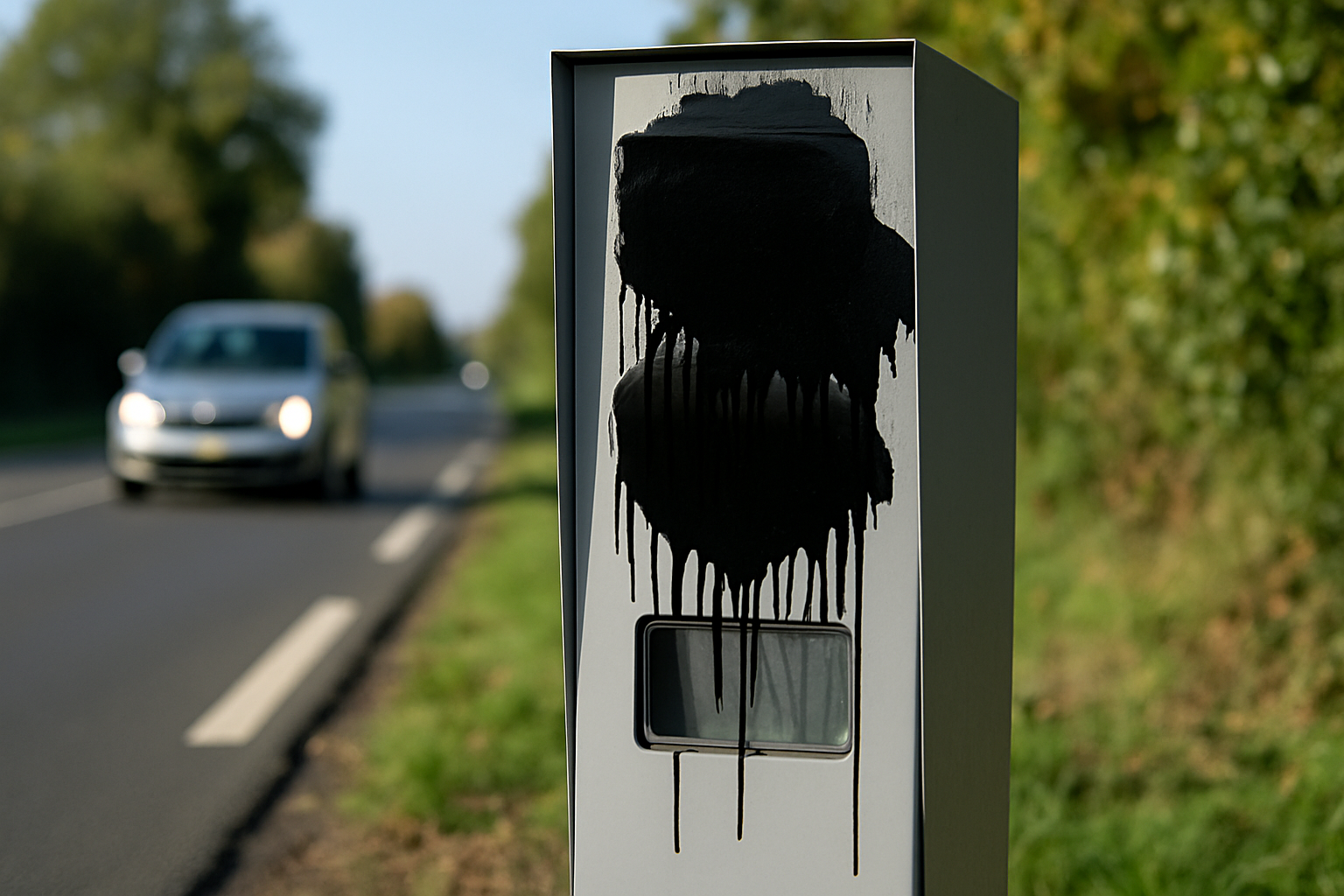 Radar de circulation à Melesse, recouvert de peinture après sa remise en service, impactant la sécurité routière locale.