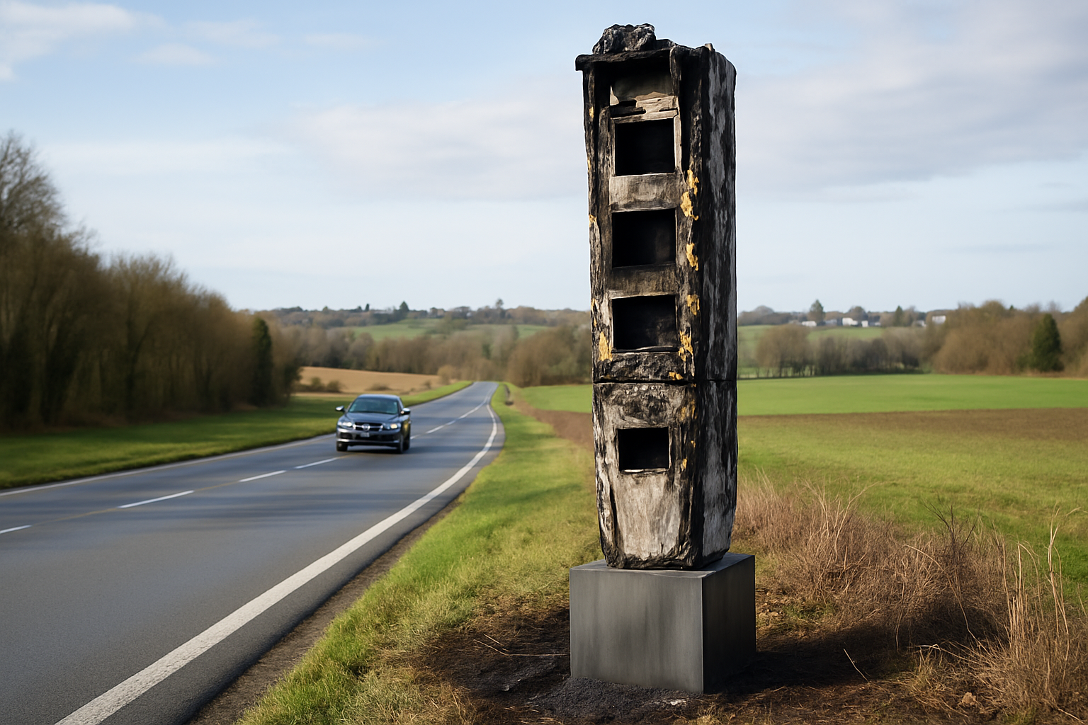 Radar tourelle incendié, mât et cabine calcinés, laissant les capteurs et le flash hors d'usage après un acte de vandalisme.