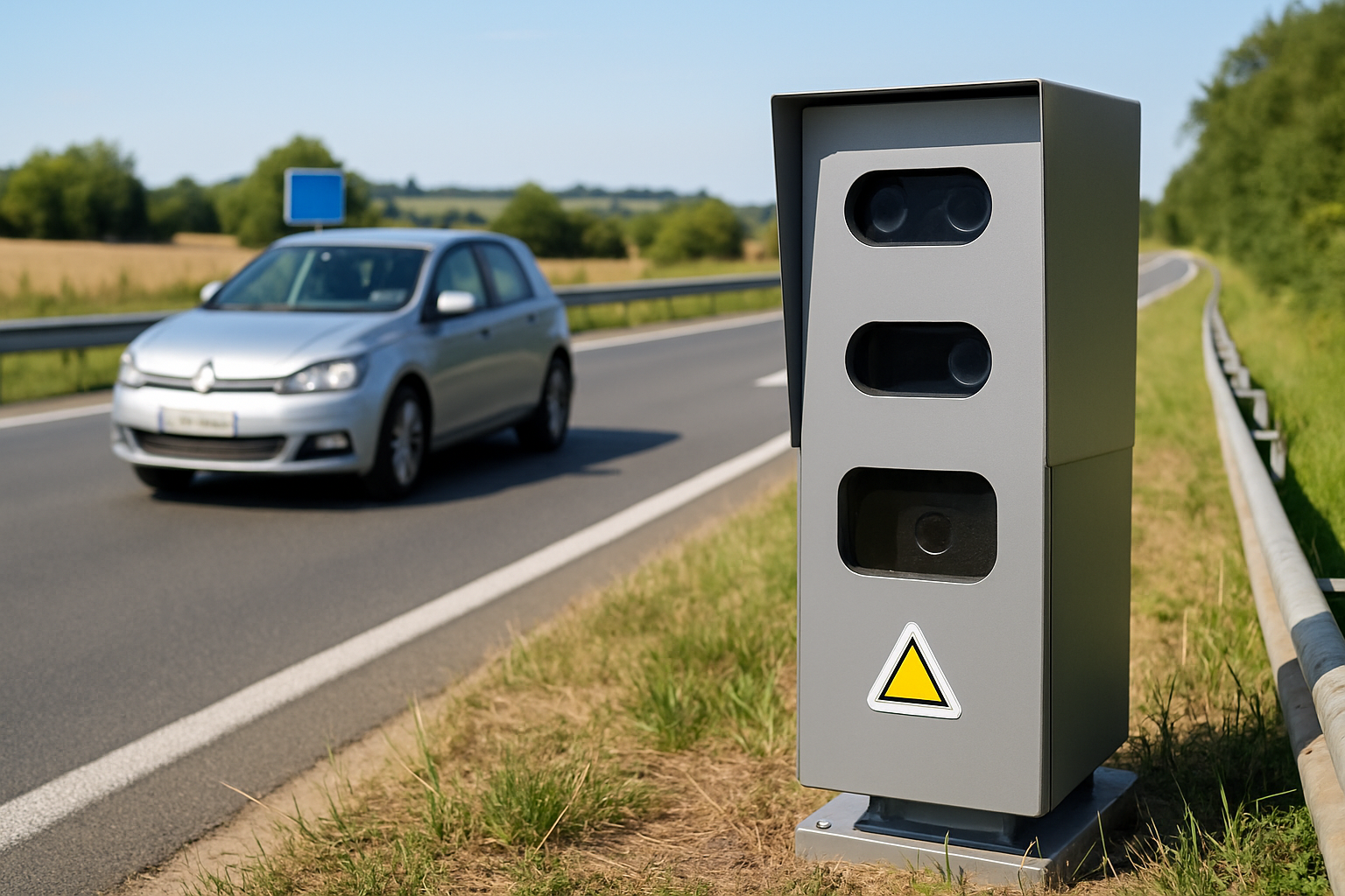 Radar compact installé sur la N12 à Pré-en-Pail, discret et innovant pour un contrôle routier plus efficace et accessible.