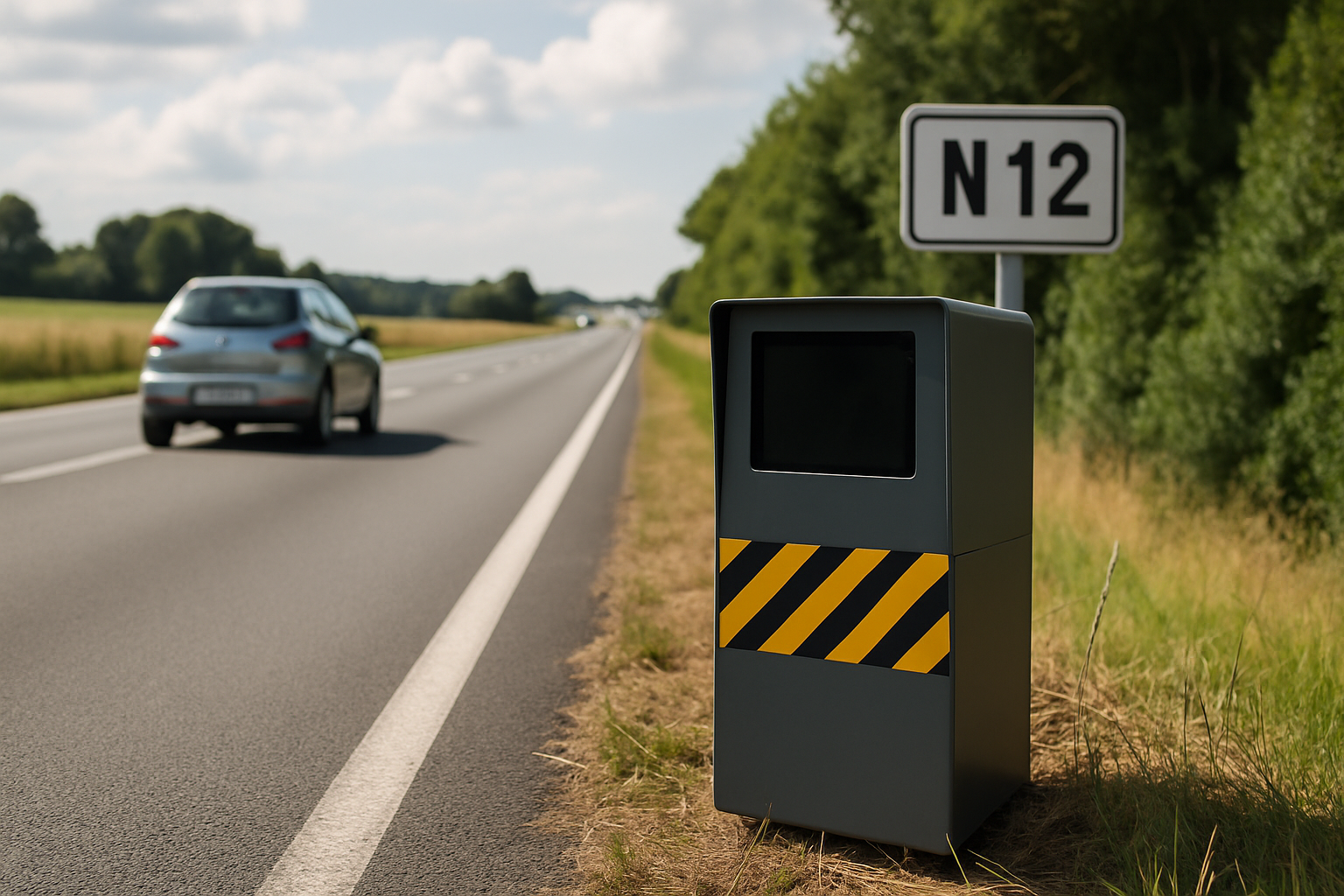 Radar compact installé sur la N12 à Pré-en-Pail, discret et efficace pour le contrôle de la vitesse des véhicules.