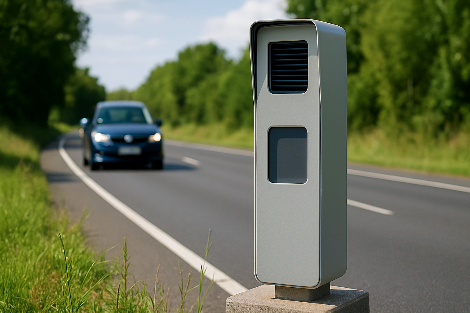Radar avertisseur minimaliste, boîtier compact fixé sur mobilier urbain, analyse vitesse et trajectoires dangereuses.