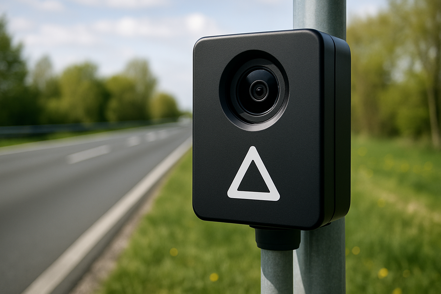 Radar avertisseur minimaliste fixé sur un lampadaire, design compact et discret, alimenté par énergie solaire pour sécurité r