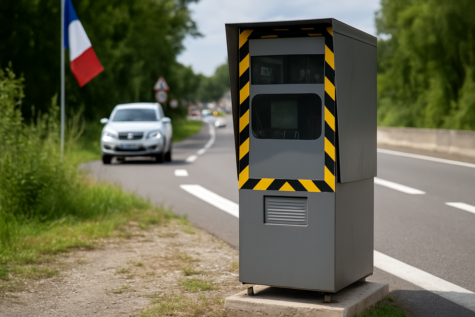 Radar de chantier endommagé sur la RD 1075 à Druillat, victime de vandalisme, rendant l'appareil inopérant.