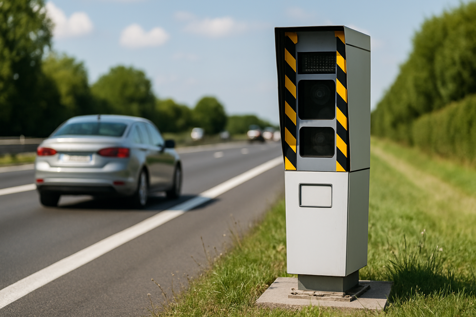 Radar de vitesse sur une route nationale, signalant aux conducteurs de respecter les limitations et d'anticiper les flashs.