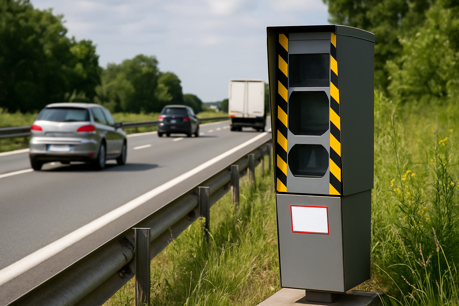Radar de vitesse sur une route nationale, flèches de signalisation et panneaux de limitation visibles, circulation dense.