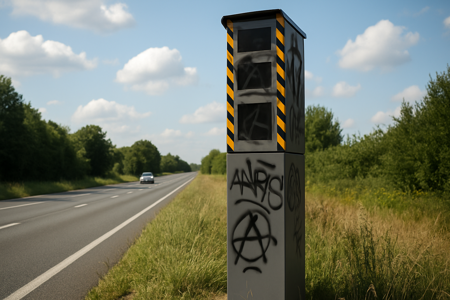 Radar tourelle endommagé, avec des traces de vandalisme visibles. Coûts élevés de réparation et surveillance accrue nécessair
