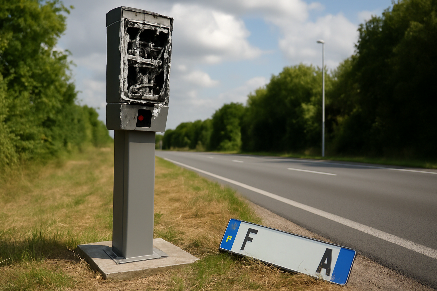 Radar tourelle endommagé, entouré de barrières de sécurité, illustrant les conséquences du vandalisme sur les infrastructures