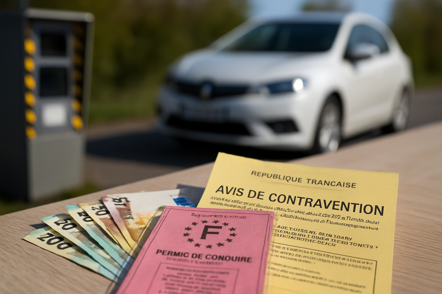 Image d'un radar routier avec un panneau de signalisation flou, symbolisant les dysfonctionnements et les contestations possi
