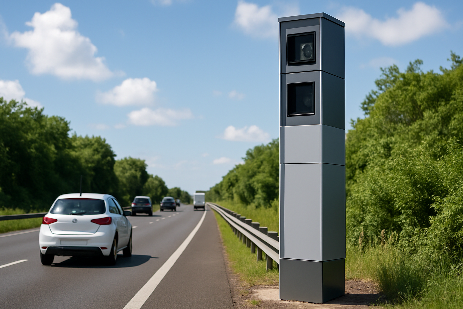 Radar tourelle Mesta Fusion 2 installé sur la RN1, surplombant la route avec technologie avancée de répression routière.