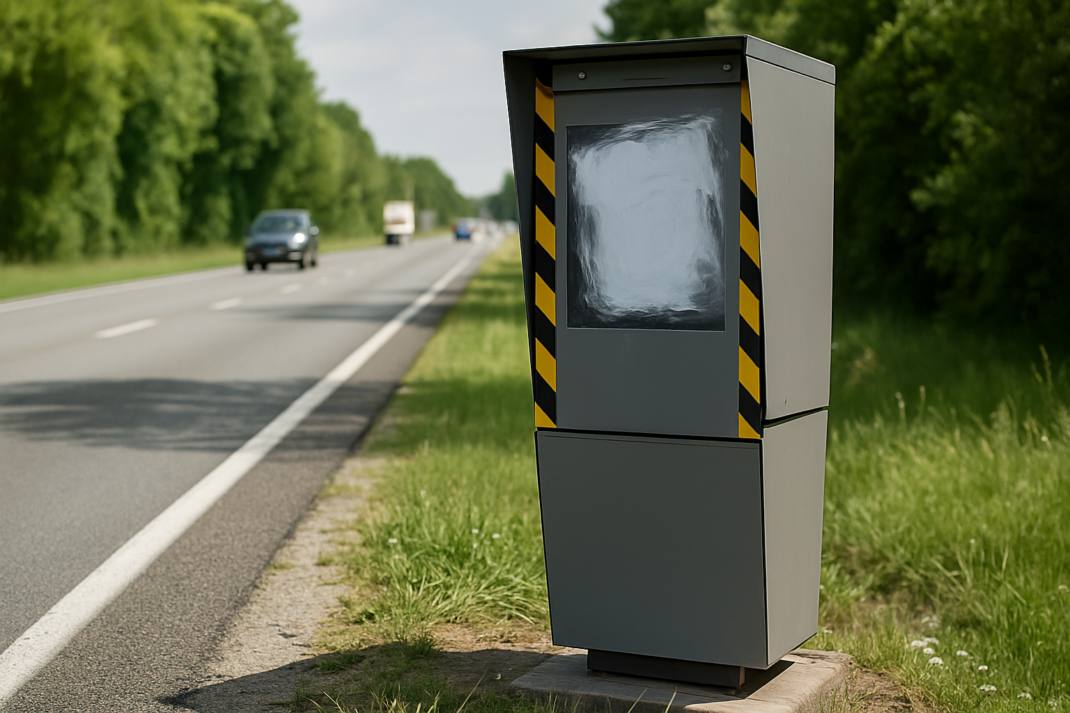 Image d'un radar automatique vandalisé, montrant des dégâts visibles sur l'appareil et son environnement immédiat.