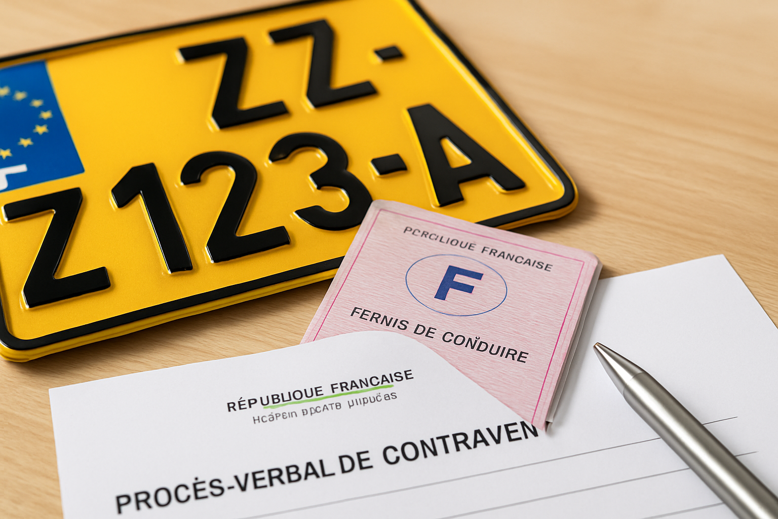 Image d'un document officiel avec un véhicule en arrière-plan, symbolisant les démarches contre l'usurpation de plaque.