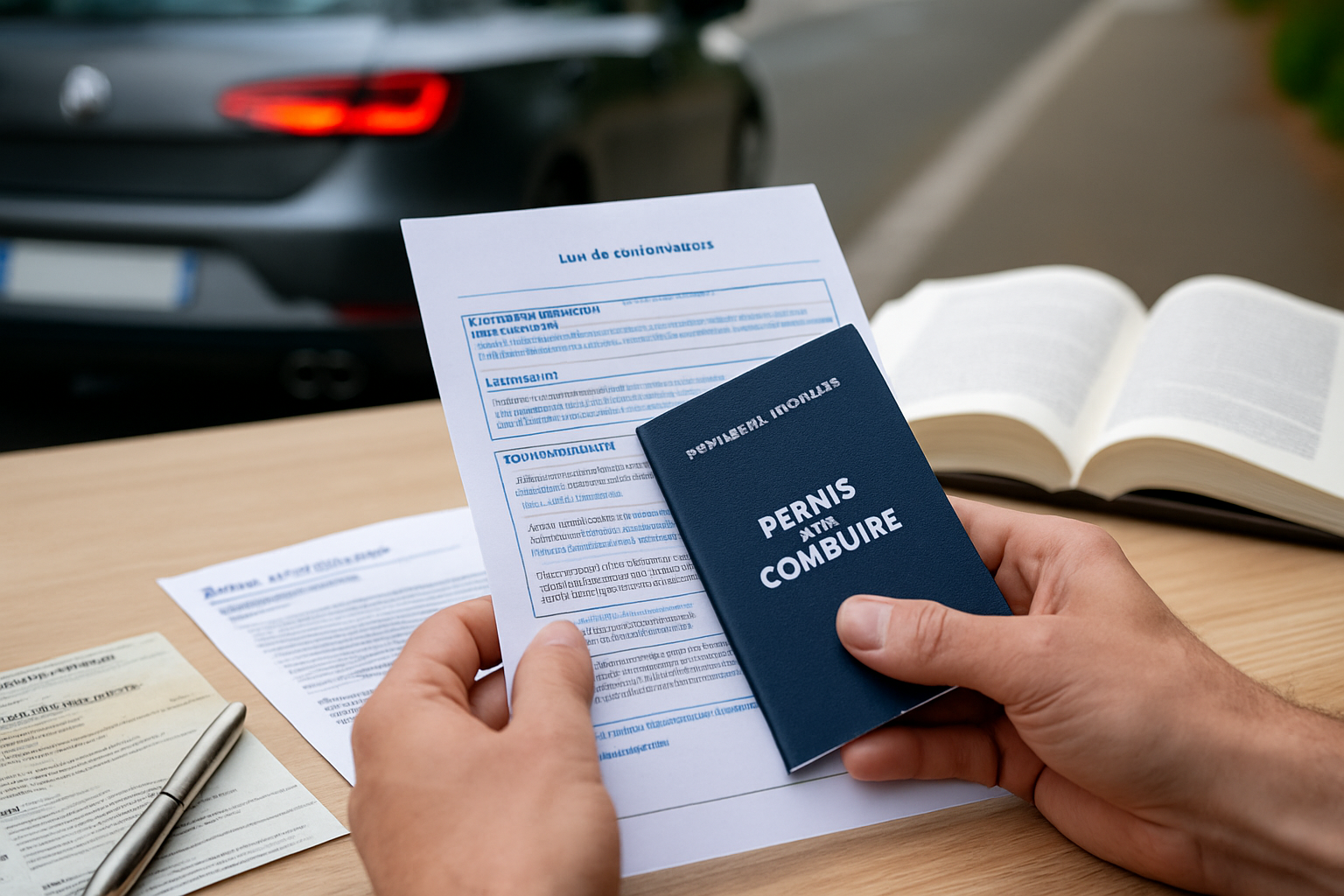 Image d'un véhicule avec un échappement visible, entouré de documents et d'outils pour vérifier le bruit et la conformité.
