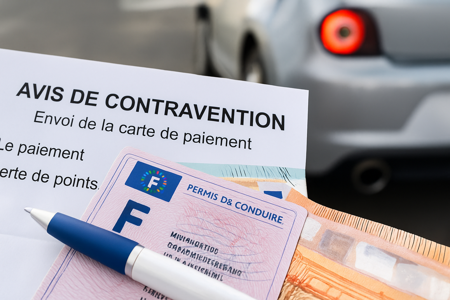 Image d'un véhicule avec une carte grise, mettant en avant le seuil de bruit et des documents pour contester un bruit excessi