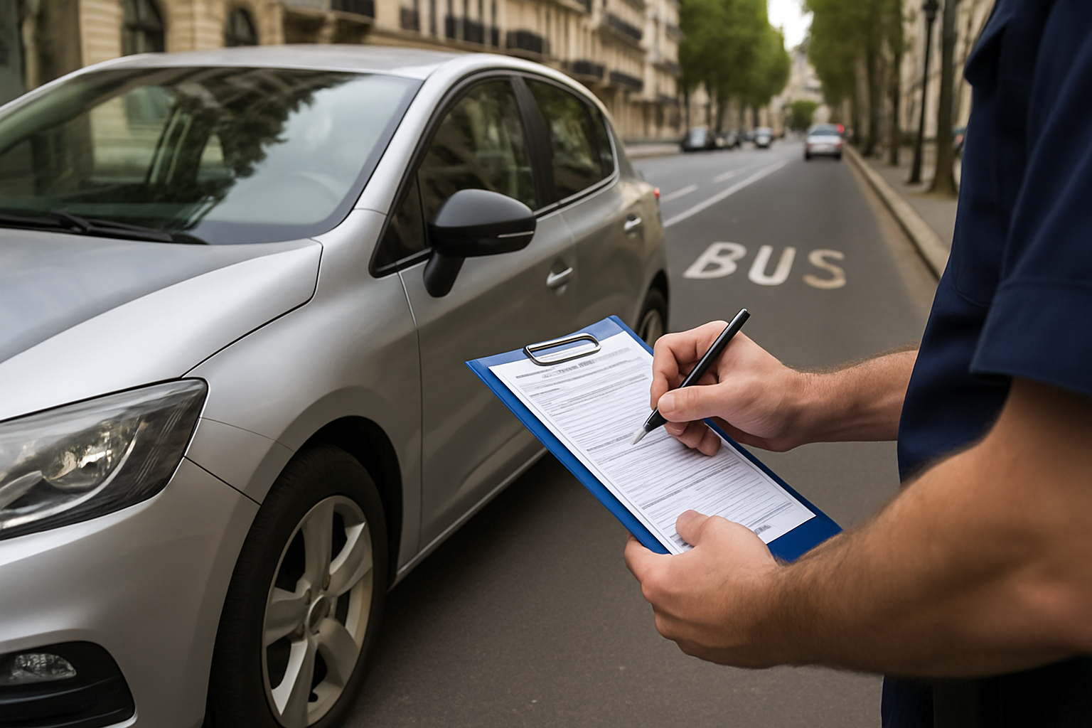 Conducteur urbain face à un panneau de couloir de bus, prenant des notes pour contester une verbalisation.